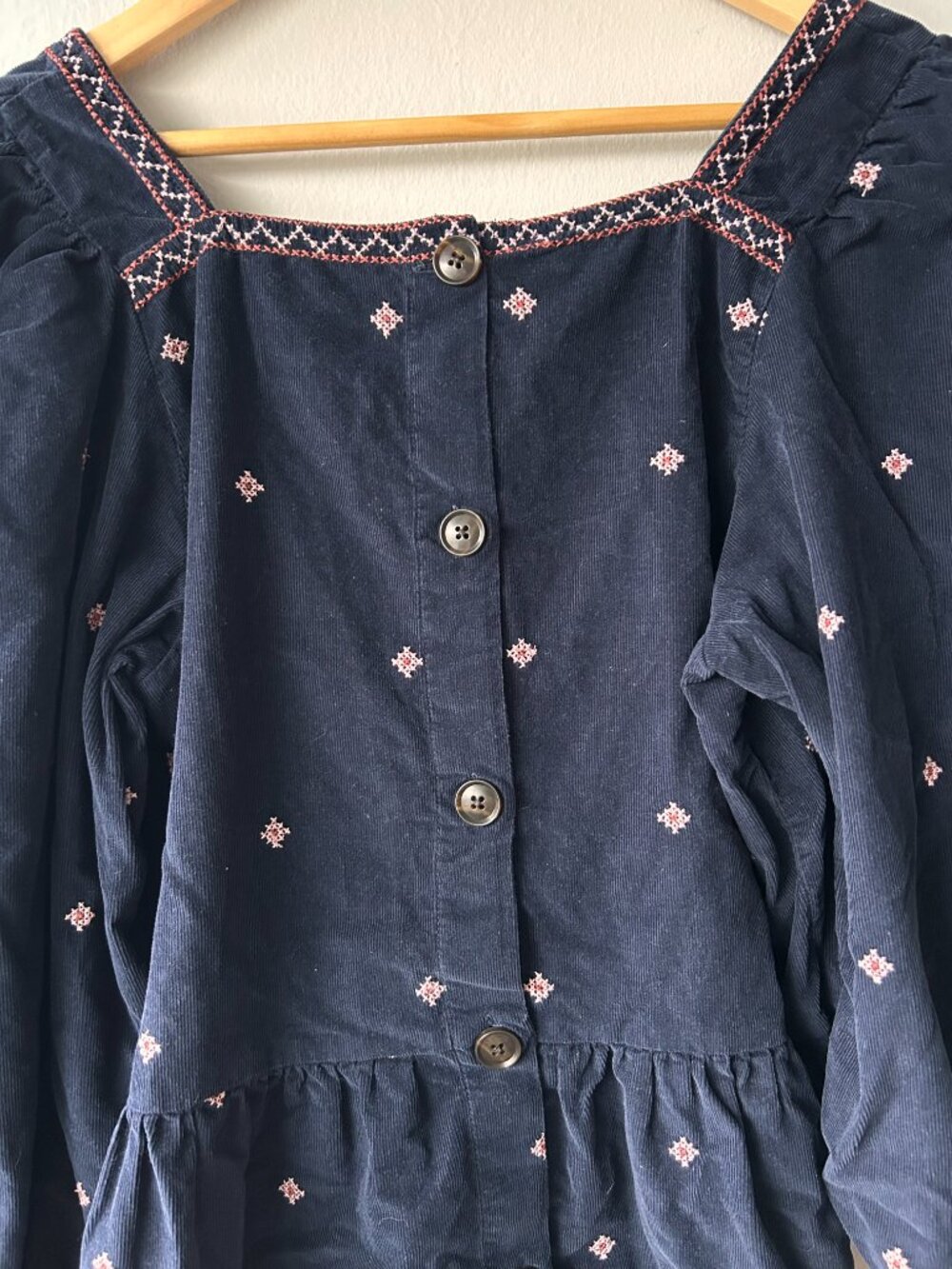Madewell Embroidered Corduroy Button-Back Peplum Top Navy Floral Puff Sleeve L - Picture 5 of 9